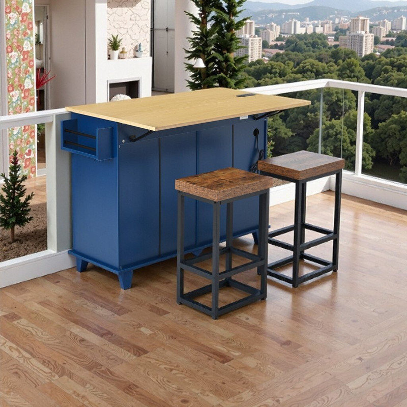 Kitchen Island With Drop Leaf, 2 Stools, Power Outlet, Storage Cabinet & Drawers, Rubber Wood Legs, Blue