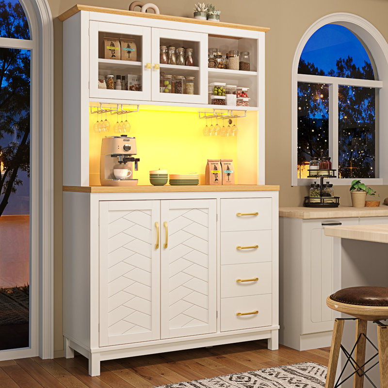 105.5×40×180cm White Farmhouse Style Sideboard with App-Controlled LED Strip & Built-in Drink Holders, 4-Door Kitchen Buffet Storage Cabinet
