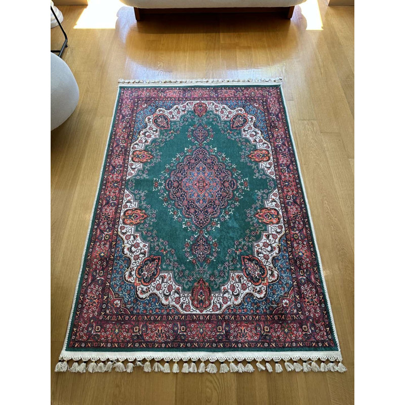 Coton imprimé vert oriental vert Toscana Tapis chenille antidérapant, Rectangle 3 pi 11 po x 7 pi 3 po