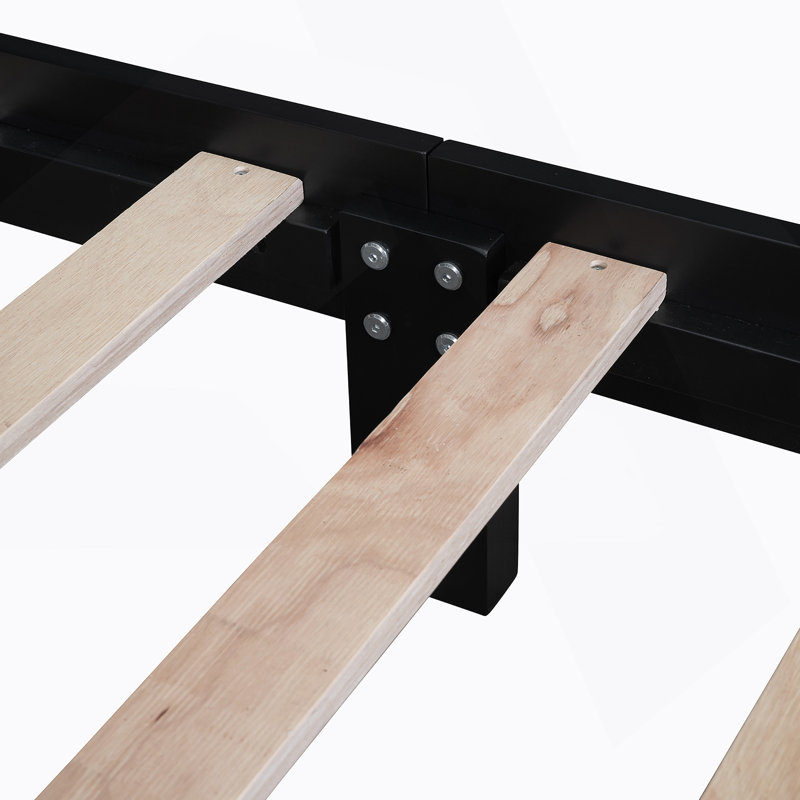 Base de lit plateforme en bois, lit plateforme de style rétro avec support en lattes de bois, Noir, Double