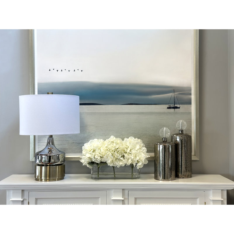 Hydrangeas Arranged in Clear Glass Vase, Cream