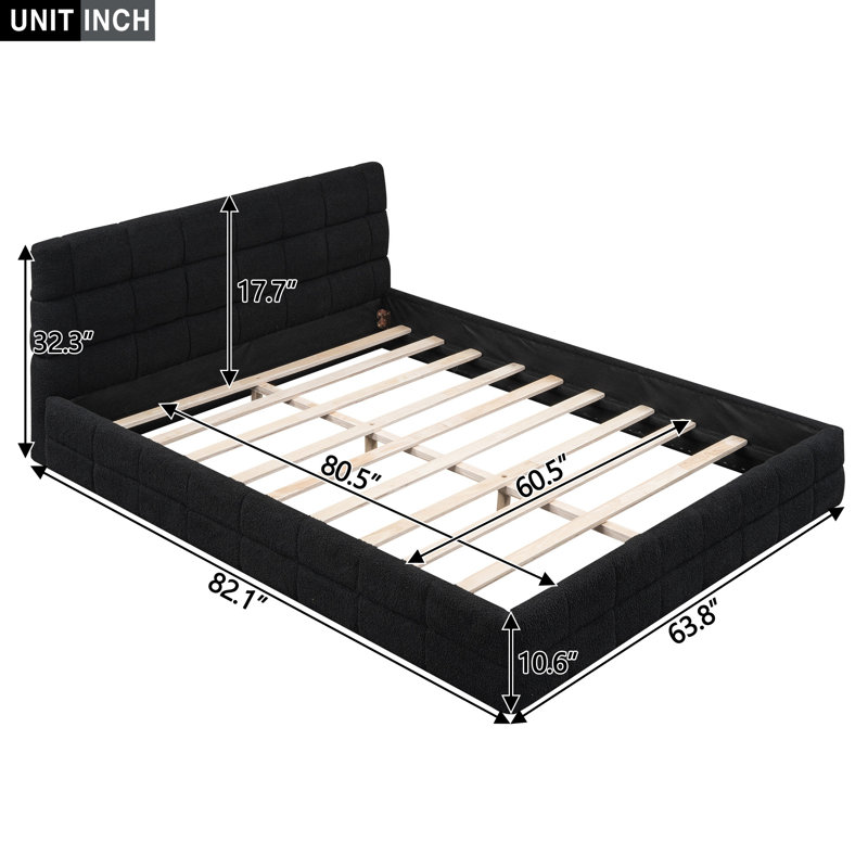 Grand lit plateforme tapissier en velours avec tête de lit, support en lattes de bois, aucun sommier requis, structure robuste, noir