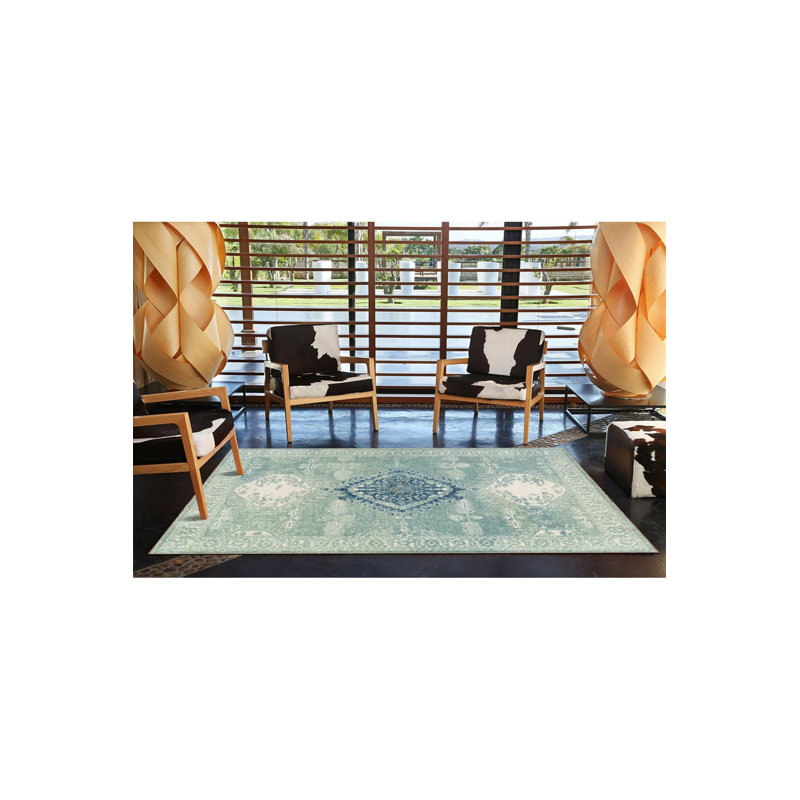 Tapis tissé lavable à la machine à motif d'étoiles turquoise, Sous-tapis rectangulaire 5 pi 1 po x 7 pi 7 po inc
