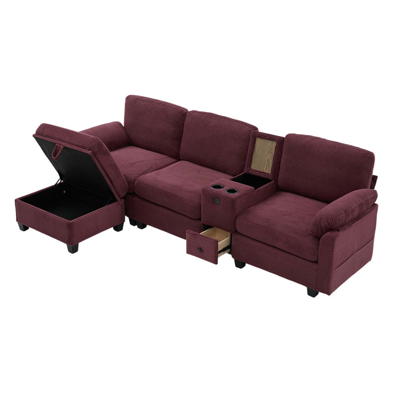 UNITED WE WIN L-type Multifunctional Corduroy Sofa with 4-seater Segmented Design, Cup Holder, USB Interface, Storage Box, Movable Console and Ottoman Storage