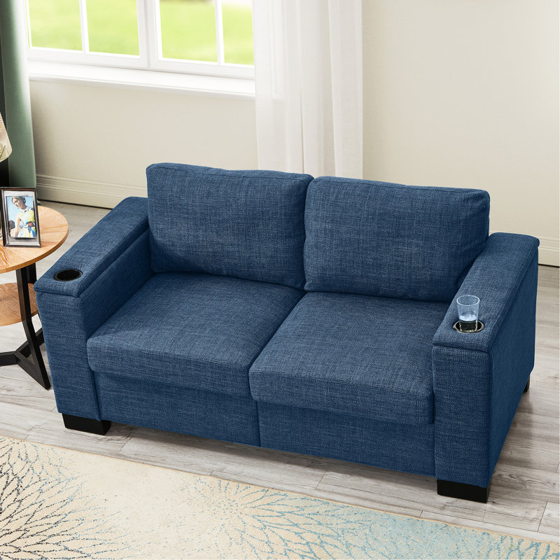 67,7 po de style moderne bleu, accoudoir carré avec porte-gobelet et rangement sous le siège, coussins rembourrés à ressorts hélicoïdaux, coussins de poche confortables, conception, structure en bois massif
