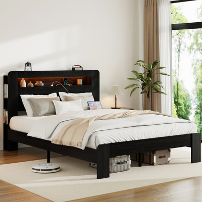 King Size Wood Platform Bed Frame with Storage, LED Light Headboard, USB Ports, and Easy Assembly, No Box Spring Needed by Latitude Run