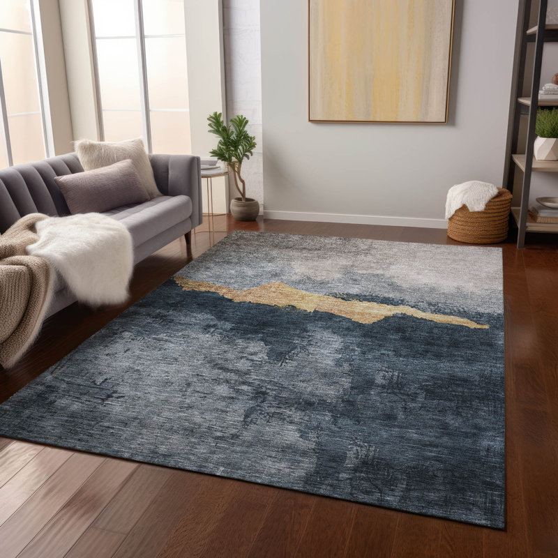 Blue and Beige Flat Woven Synthetic Washable Area Rug 10' x 14'