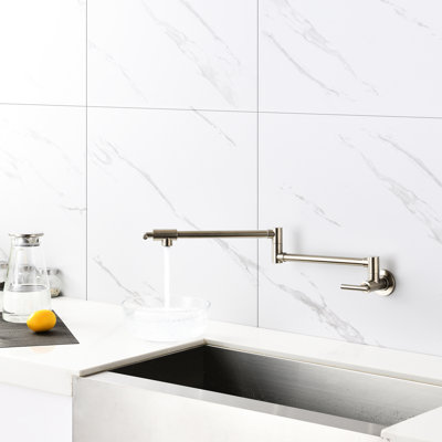 Brushed Nickel Pot Filler Faucet With Wall Mount & Folding Design - Arm For Hassle- Filling, Double Handles Precise Water Flow Regulation, Surface Finish Mounted Kitchen In Efficient Output, Special