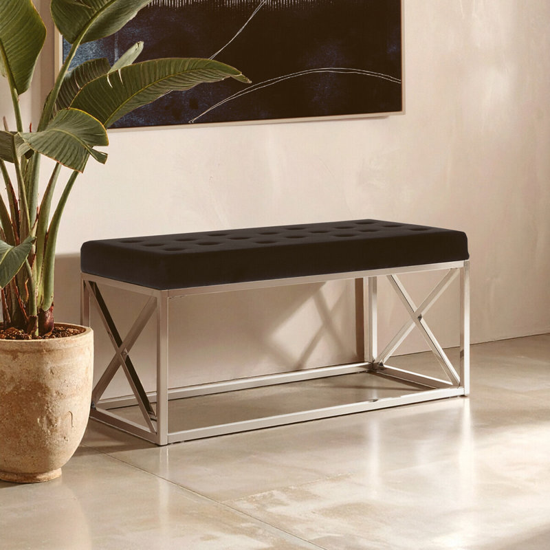 Anmol Velvet Upholstered Bench, Black, Silver