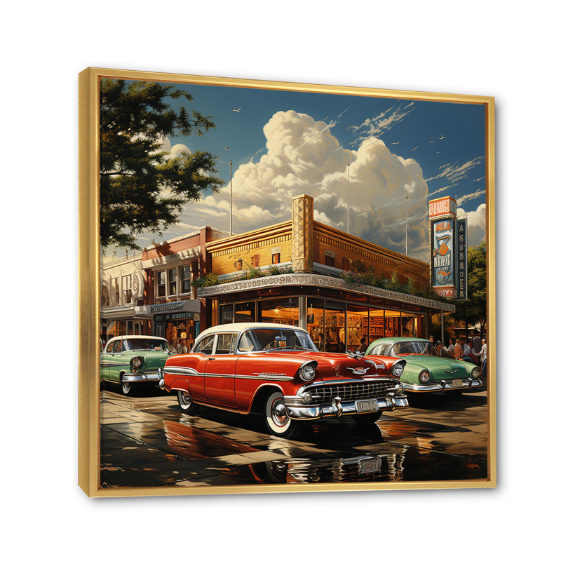 Red Mid Century Retro Reverie - Transportation Canvas Wall Art, H 36 po x l 36 po x P 1,5 po, Cadre flottant doré