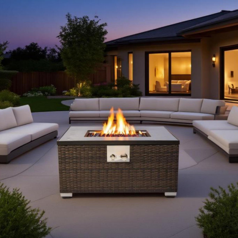Rectangular Outdoor Propane Fire Pit Table – 15'' H x 32'' W, Complete with Marble Texture Top and Metal Cover Lid 