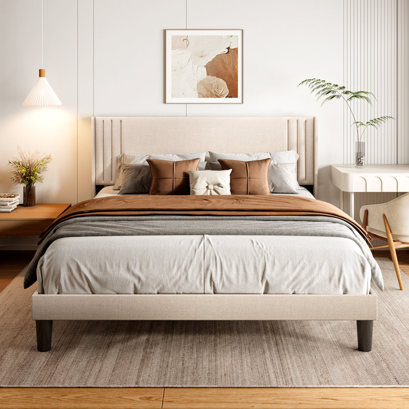 Lit plateforme tapissier Masad Manzanita, Beige, Double