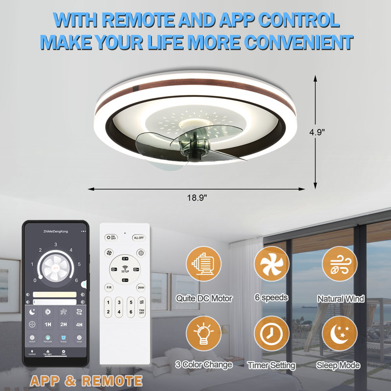Emmeram 20'' Ultra-Low Profile Ceiling Fan with LED Lights, Remote and App Control