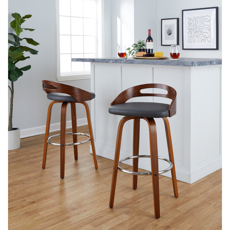 Stoughton Swivel Upholstered Counter Stool, Walnut/Chrome, Gray, Bar Stool (30" Seat Height)