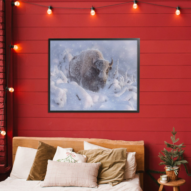 Bison d'hiver en giclée profonde, design par Collin Bogle, H 24 po x l 30 po, Giclée encadrée noir minuit