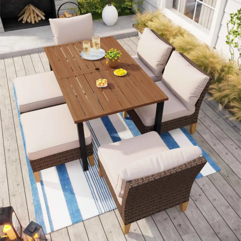 All Weather Wicker/Rattan 6 - Person Seating Group with Cushions, Beige