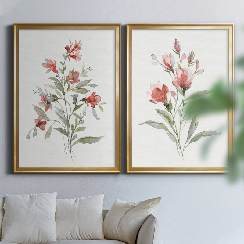 Lin botanique corail III - ensemble de 2 reproductions d'art, H 18,5 po x l 49 po x P 1,5 po, Toile encadrée dorée
