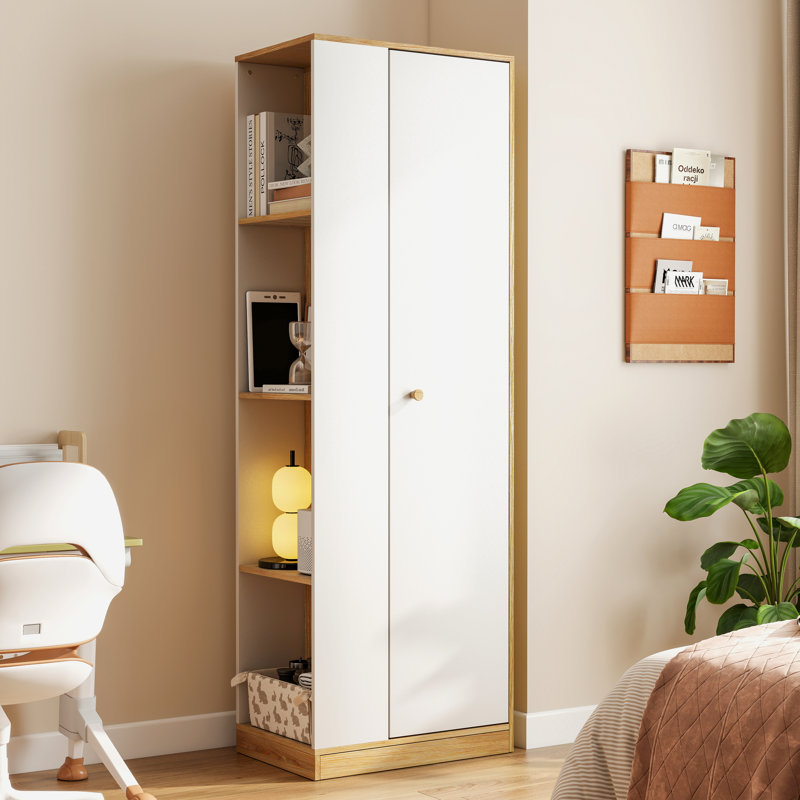 Garde-robe 1 porte avec tringle et 5 rangements, Naturel