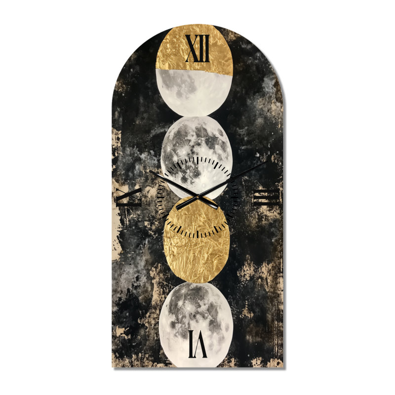 Phases de la Lune sur papier doré I - Horloge murale Arche Céleste, imprimée sur métal, H 39 po x l 19 po - Arche