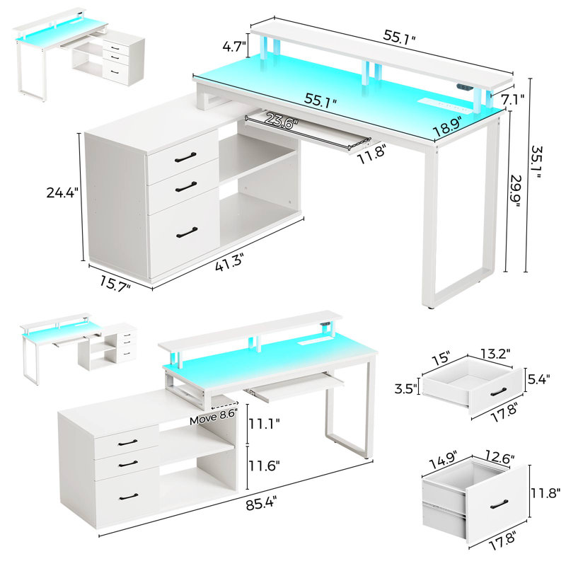 Ameliore 55.1" L Shaped Computer Desk with File Drawer, LED Lights and Keyboard Tray, White