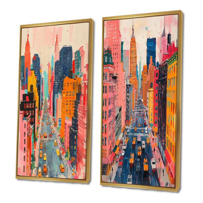 Ensemble de 2 gratte-ciel roses New York City I - New York City, H 28 po x l 24 po, Impression encadrée, Or