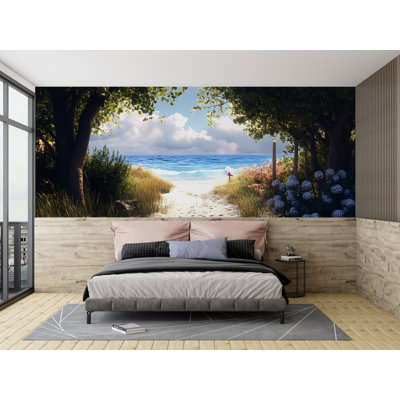 Peaceful Forest Beach Wallpaper – Quiet Shaded Tree Coastline With Crystal Clear Water And Sand, Calm Lake Nature Landscape, Desktop Or Room Decor