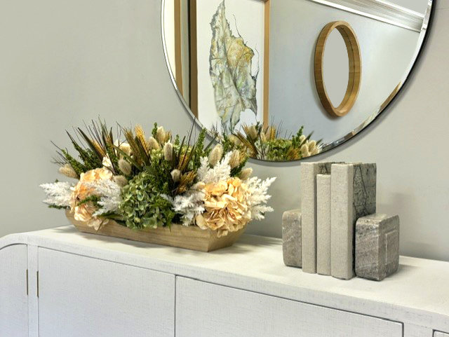 Assorted Hydrangea, Heather, Pampas And Wheat In A Oblong Wooden Container