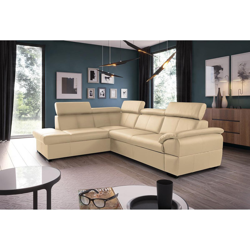 Canapé-lit de coin en cuir Edena, Orienté vers la gauche, Beige