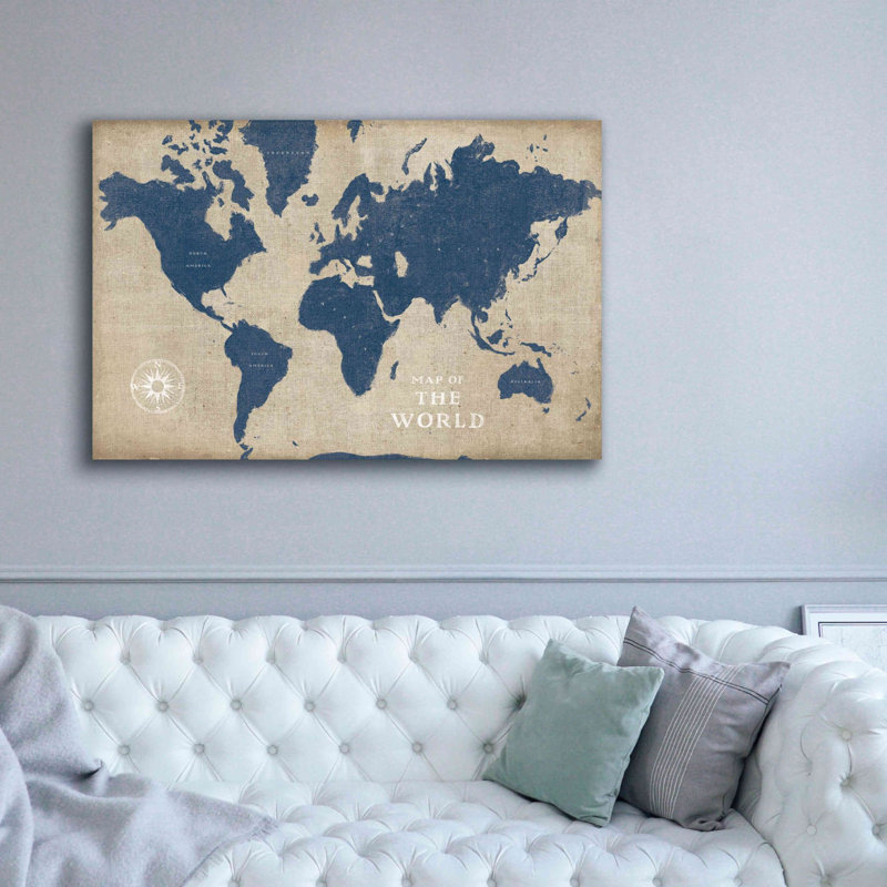 «Burlap World Map I Navy» par Sue Schlabach, estampe numérique sur toile, L 60 po x H 40 po