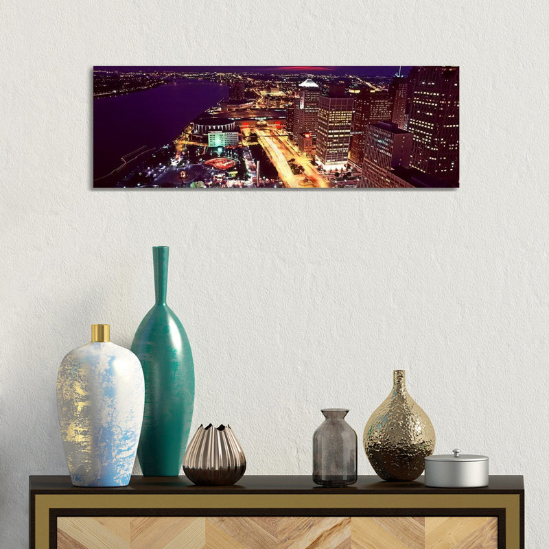 High Angle View Of Buildings Lit Up At Night, Detroit, Michigan, USA by Panoramic Images - Wrapped Canvas Panoramic Print