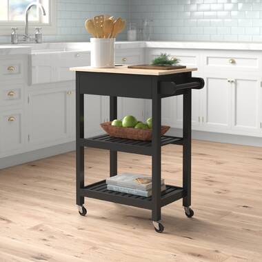 34 Inch Rubberwood Kitchen Cart, 2 Open Shelves, Knife Holder, Cutting