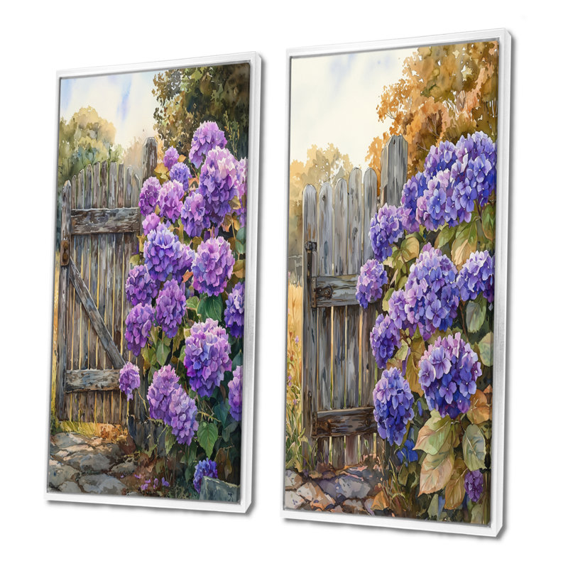 Hortensias d'été par The Farm Fence I - impressions sur toile florales 2 panneaux, H 28 po x l 25 po, Cadre flottant blanc