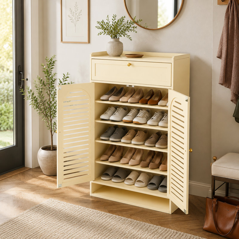 7-Tier Nan Bamboo Shoe Cabinet Organizer With  Adjustable Shelves， Flip Door and Wide Countertop， Closed Shoe Rack For Entryway
