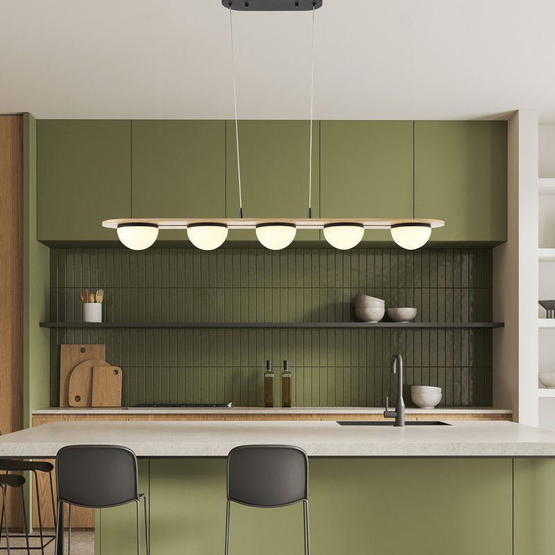 Lustre 5 lumières noir satiné et bois