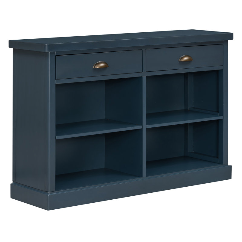 Console en bois d'acacia Harper avec 2 tiroirs et tablettes de rangement ouvertes, Marine, Navy, Navy