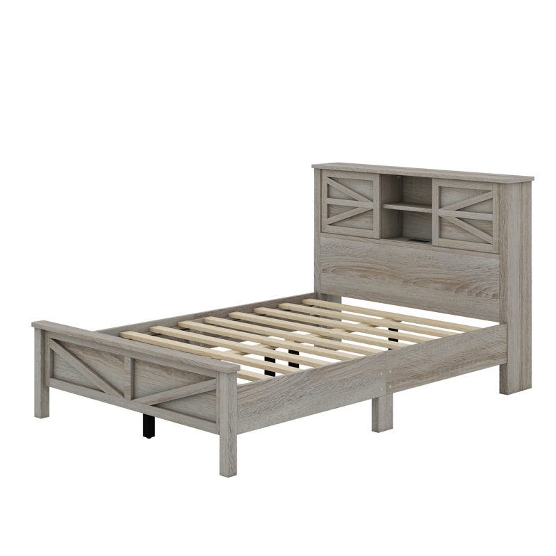 Ranee Farmhouse Platform Bed With Double Sliding Barn Door, Rustic Wood Bed Withcharging Station, Wood Slats Support, Full