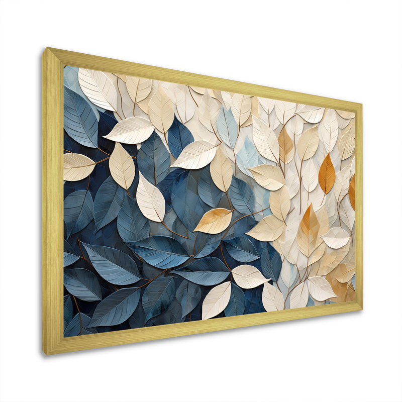 Collage de feuilles minimaliste beige et bleu - feuilles, décoration murale, H 16 po x l 32 po x P 1 po, Cadre doré simple