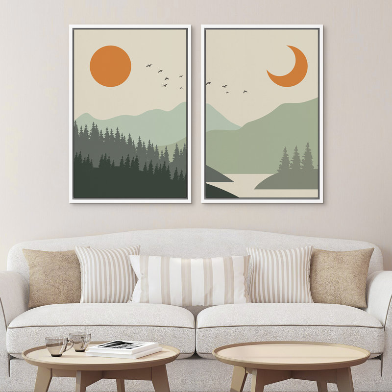 Sun and Crescent Moon Over Green, H 24 po x l 32 po x P 1,5 po, Blanc