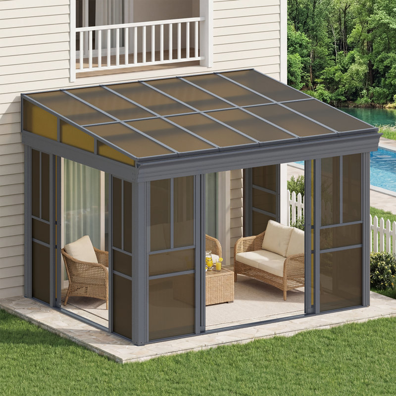 Pavillon de jardin d'extérieur mural de l 12 pi x P 10 pi - Solarium en aluminium toutes saisons avec double toit ventilé en PC, portes coulissantes et fenêtres ajustables pour patio, terrasse et spa, gris