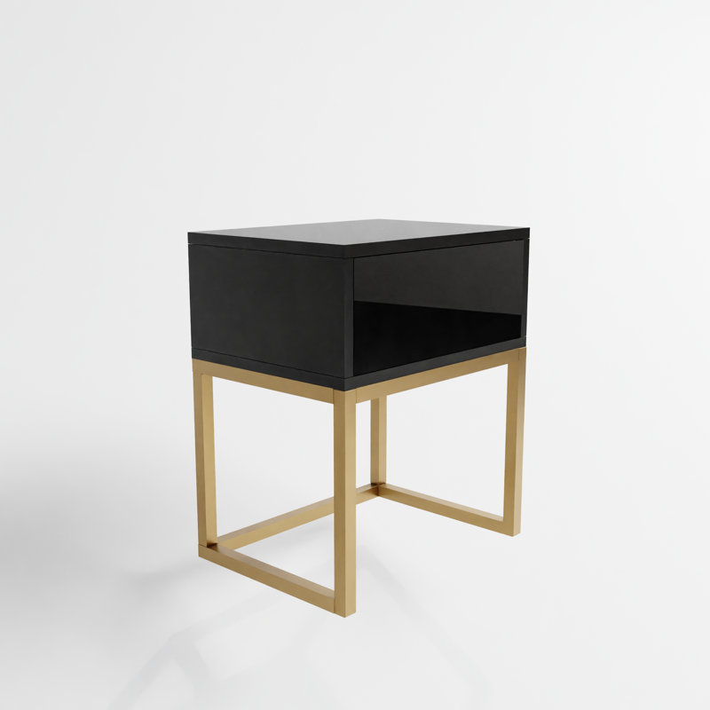 Abbie 40cm W Metal Bedside Table, Glossy Black/Gold