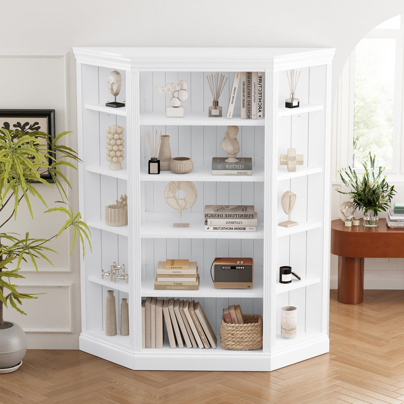 83.4" Tall 5-Tier Open Wood Bookcase With Corner Shelf Suite And Adjustable Shelves, 83.4" H x 66.53" W x 15.75" D