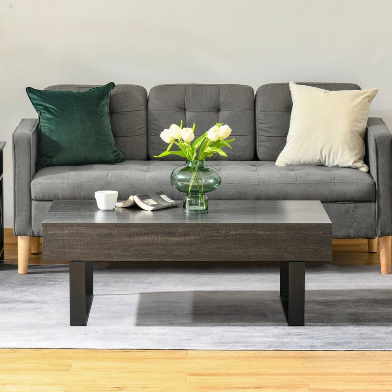 Table basse de style Mid-Century moderne avec tiroir de rangement, pieds de traîneau en métal et surface en grain de bois pour le salon