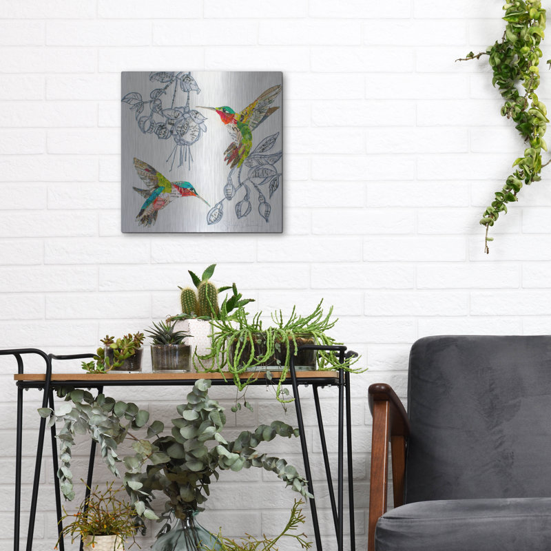 «Hummers and Blooms 2» par St. Hilaire Elizabeth, art mural en métal, H 12 po x l 12 po