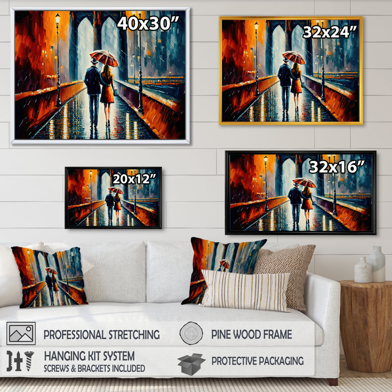 Promenade romantique - Impression sur toile, H 12 po x l 20 po x P 1 po, Toile avec cadre flottant noir