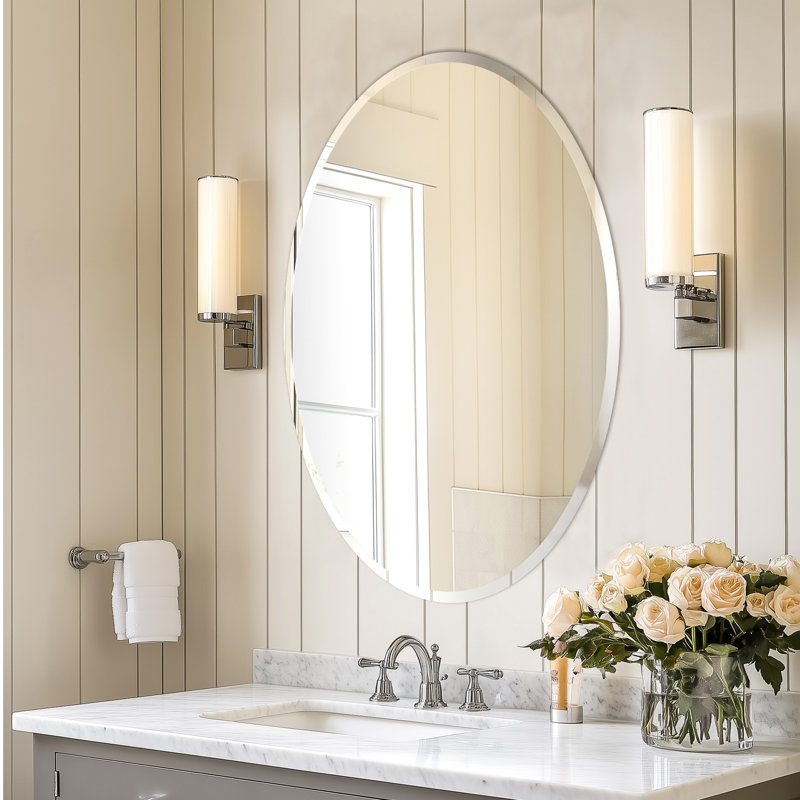 Minimalist Frameless Oval Decorative Wall Hanging Mirror Silver Vanity Mirror, 31.5"H x 24"W