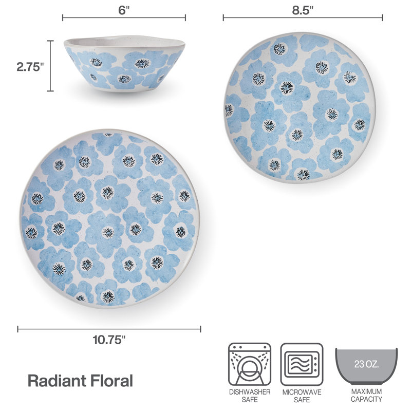 Radiant Floral Blue and Off-White Ceramic Dinnerware Set, Service for 4