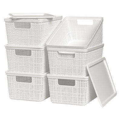 Paquet de 6 paniers de rangement en plastique avec couvercles, bacs de rangement blancs empilables et respirants, petits contenants de rangement