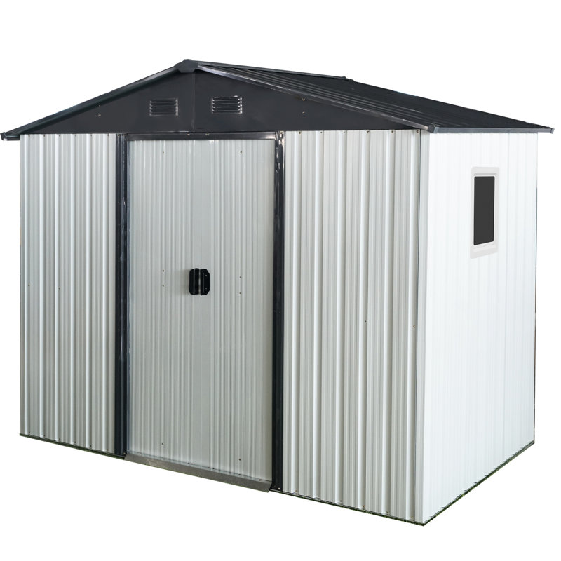 Outdoor Metal Storage Shed 8Ft X 4Ft. White And Black. Galvanized Steel For Durability. Tilted Roof & Lockable Door. Comes With Foundation Perks 4Ft Backyard, Patio, Lawn. Construction. With Benefits
