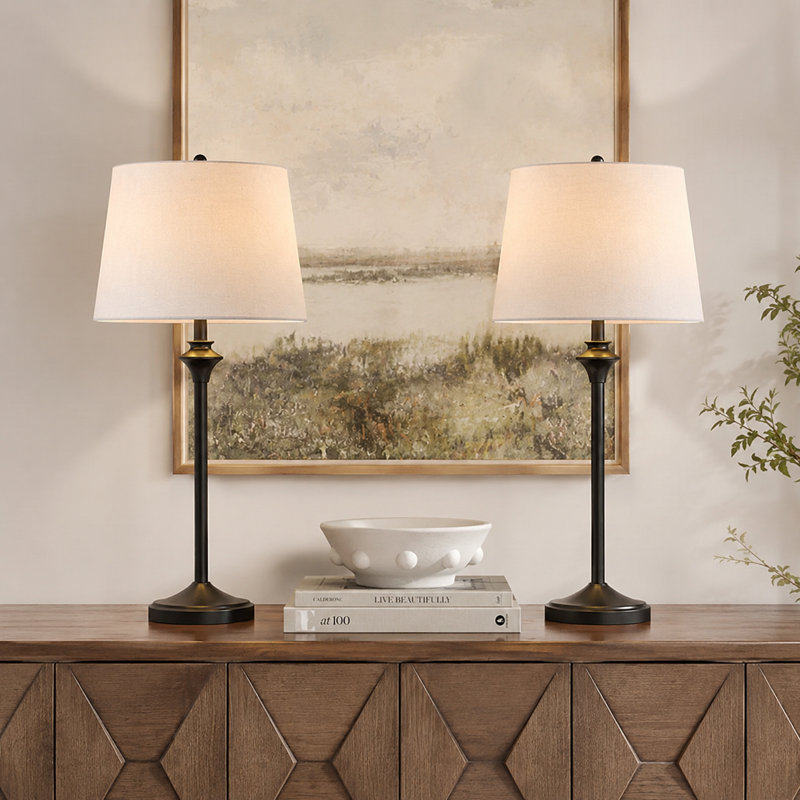 Lolley 26" Modern Metal Table Lamp with Knob Switch and Linen Shade, Matte Black