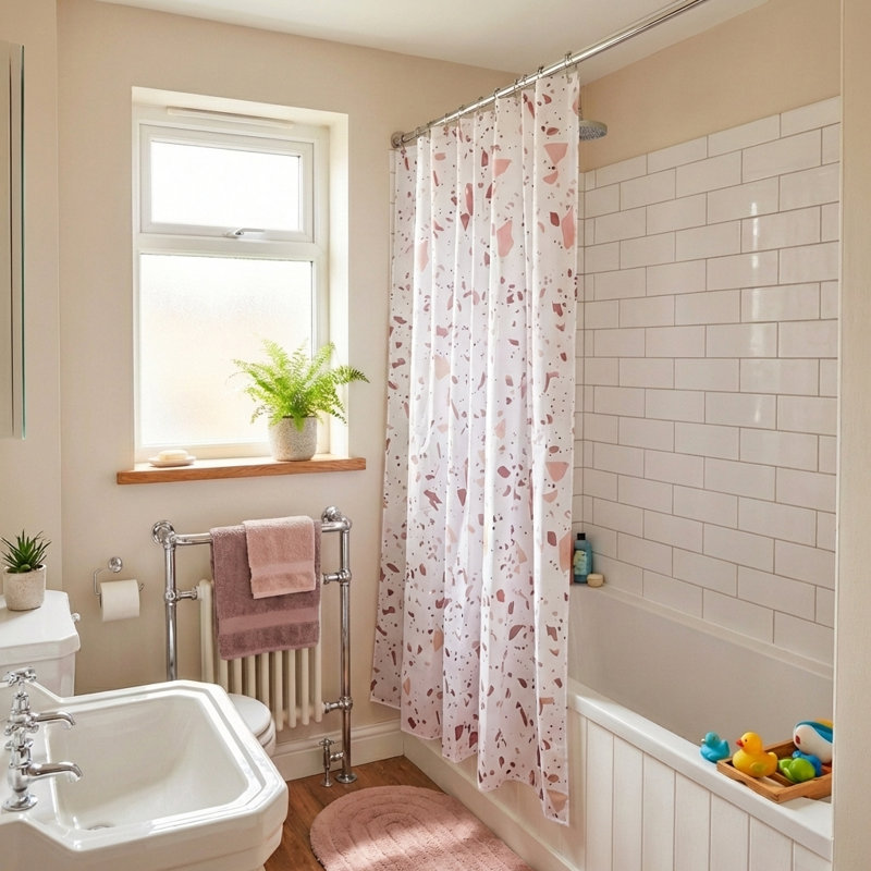 Croydex Polyester Shower Curtain, White/Pink